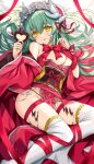  1girl breasts candy chocolate chocolate_on_face chocolate_on_legs dragon_girl dragon_horns fate/grand_order fate_(series) food food_on_face green_hair heart heart-shaped_chocolate highres holding holding_chocolate holding_food horns japanese_clothes kimono kiyohime_(fate) large_breasts long_hair morizono_shiki multiple_horns off_shoulder panties red_kimono red_ribbon ribbon side-tie_panties smile solo thighhighs underwear valentine white_legwear white_panties wide_sleeves yellow_eyes 