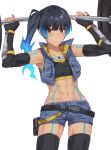  1girl abs black_gloves black_hair blue_hair blue_shorts chest_jewel fiery_hair fingerless_gloves gloves glowing_lines gradient_hair hammer highres kamu_(kamuuei) leggings multicolored_hair muscular muscular_female sena_(xenoblade) shorts shoulder_strap side_ponytail solo sports_bra tan tank_top thick_thighs thighs white_tank_top xenoblade_chronicles_(series) xenoblade_chronicles_3 