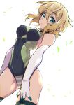  1girl akatsuki_kirika bare_shoulders blonde_hair breasts covered_navel elbow_gloves gloves green_eyes green_leotard hair_ornament highleg highleg_leotard highres impossible_clothes impossible_leotard leotard looking_at_viewer medium_breasts mutsuki_riichi senki_zesshou_symphogear shiny shiny_hair shiny_skin short_hair simple_background skin_tight solo standing striped striped_legwear thighhighs white_background x_hair_ornament 