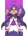  .live 1girl animal_ears breasts character_name commentary_request fangs full_body hair_ornament long_hair looking_at_viewer official_alternate_costume orange_eyes pose purple_hair ribbon rune_(ru-nn) rurun_rururica shoes simple_background small_breasts solo wolf_ears 