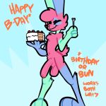  absurd_res anthro balls big_penis birthday birthday_cake blue_background blue_body blue_fur cake chest_tuft cutlery dessert eating eyes_closed food foreskin fork fur genitals green_body green_fur hi_res huge_penis kitchen_utensils lagomorph leporid male mammal nude penis pink_body pink_fur pubes rabbit simple_background solo the_xing1 tools tuft 
