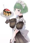  05565 1girl apron bangs black_dress blunt_bangs blush breasts cake closed_mouth dress eyebrows_visible_through_hair food frilled_apron frills gloves green_hair grey_eyes holding holding_plate last_origin looking_at_viewer maid_headdress medium_breasts plate short_sleeves simple_background upper_body vanilla_(last_origin) waitress white_apron white_background white_gloves wrist_cuffs 