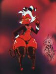  anthro blitzo_(helluva_boss) bow_tie bulge clothing demon dress_shirt female freckles gesture girly group hair helluva_boss hi_res horn imp legwear male midriff millie_(helluva_boss) moxxie_(helluva_boss) navel pointing red_background red_body red_skin sharp_teeth shirt simple_background speedo stockings striped_horn stripes swimwear teeth thick_thighs toeless_legwear topwear ttherandom white_hair wide_hips yellow_sclera 