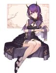  1girl arknights bangs black_dress black_footwear breasts closed_mouth dress eyebrows_visible_through_hair full_body hair_between_eyes head_tilt highres horns lava_(arknights) lava_the_purgatory_(arknights) lava_the_purgatory_(dusk_wisteria)_(arknights) layered_dress looking_at_viewer mabing medium_breasts pleated_dress pointy_ears purple_eyes purple_hair see-through shoes sitting sleeveless sleeveless_dress solo white_background 