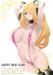  1girl 2022 animal_ears areola_slip areolae arms_behind_head arms_up black_choker blonde_hair blue_eyes breasts chinese_zodiac choker closed_mouth commentary_request cynthia_(pokemon) english_text fur_choker groin hair_over_one_eye happy_new_year highres huge_breasts long_hair looking_at_viewer makoto_daikichi navel pokemon purple_swimsuit slingshot_swimsuit smile solo standing swimsuit tiger_ears white_background year_of_the_tiger 