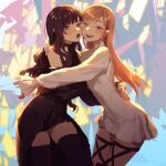  2girls 6bi abstract_background blue_background blue_eyes blush cheek-to-cheek closed_mouth commentary_request cowboy_shot dress final_fantasy final_fantasy_xiv gaia_(ff14) hand_on_another&#039;s_shoulder heads_together hug hyur long_hair long_sleeves looking_at_viewer multiple_girls open_mouth orange_hair purple_hair pursed_lips red_lips ryne short_dress sleeves_past_wrists smile thigh_strap white_dress 