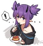  ! 1girl arknights bangs black_shirt blush closed_mouth collarbone cropped_torso eyebrows_visible_through_hair food hair_between_eyes hands_up holding holding_plate horns lava_(arknights) looking_at_viewer mabing plate pointy_ears pudding purple_eyes purple_hair shirt solo spoken_exclamation_mark twintails upper_body utensil_in_mouth v-shaped_eyebrows white_background 