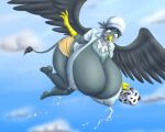  absurd_res anthro anthrofied avian big_breasts blues64 blush bodily_fluids breasts cleavage clothed clothing female friendship_is_magic gabby_(mlp) gryphon hat headgear headwear hi_res huge_breasts hyper hyper_breasts lactating marauder6272 my_little_pony mythological_avian mythology solo 