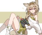  1girl :d animal_ear_fluff animal_ears arknights bangs bare_shoulders beanstalk_(arknights) beanstalk_(gift_uncompleted)_(arknights) bell braid brown_hair dress eyebrows_visible_through_hair feet_out_of_frame green_background green_dress green_hairband hair_between_eyes hair_over_shoulder hairband long_hair long_sleeves looking_at_viewer mabing metal_crab_(arknights) neck_bell off-shoulder_sweater off_shoulder pinching_sleeves red_eyes single_braid sleeveless sleeveless_dress sleeves_past_wrists smile socks star_(symbol) sweater tail two-tone_background white_background white_legwear white_sweater 