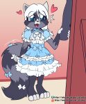  &lt;3 ambiguous_gender anthro blue_eyes clothing dress duo elena_(character) faceless_ambiguous faceless_character female fuf fur grey_body grey_fur hair hi_res mammal markings open_mouth procyonid raccoon ring_(marking) ringtail tail_markings tail_motion tailwag white_hair young 
