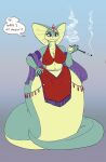  anthro apode breasts cigarette cigarette_holder cleavage clothed clothing dialogue draconcopode english_text female half-closed_eyes hand_on_hip legless mature_anthro mature_female naga narrowed_eyes nipple_outline non-mammal_breasts reptile scalie serpentine smoke smoking snake solo speech_bubble text vdisco wide_hips 
