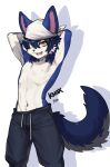  2022 anthro bandanna blue_body blue_fur bottomwear clothed clothing fur hands_behind_head hi_res kerchief knox male mammal open_mouth pants pgm300 simple_background solo topless topless_anthro topless_male white_background white_body white_fur 