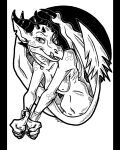  2017 anthro bracelet breasts claws dragon elderly_anthro elderly_female female horn jewelry licking licking_lips looking_at_viewer mature_anthro mature_female membrane_(anatomy) membranous_wings monochrome non-mammal_breasts notched_ear nude platinum_dragoness razzek scales smile solo spade_tail tongue tongue_out wings 