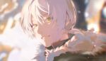  1boy artist_name blurry blurry_background clivenzu close-up depth_of_field from_side fumetsu_no_anata_e fushi green_eyes hair_between_eyes highres jacket long_hair looking_at_viewer looking_to_the_side male_focus ponytail portrait smile solo white_hair 