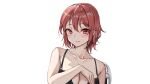  1girl amagi_(amagi626) bangs bare_shoulders blush bra breasts chair cleavage closed_mouth collarbone eyebrows_visible_through_hair hair_between_eyes hand_on_own_chest hand_up horikawa_raiko lace-trimmed_bra lace_trim large_breasts light_smile looking_at_viewer red_eyes red_hair short_hair simple_background solo touhou underwear upper_body white_background 