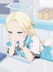  1girl apron blonde_hair blue_apron blue_archive blue_eyes blurry blurry_background blush closed_mouth commentary_request forehead hair_ribbon halo hand_on_own_cheek hand_on_own_face hands_on_own_face head_rest indoors long_hair looking_at_viewer mattaku_mousuke ribbon scrunchie shirt short_sleeves solo sora_(blue_archive) two_side_up very_long_hair wings wristband 