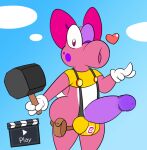  &lt;3 accessory anthro bag big_butt bikini birdo blue_sky butt clothing crop_top erection freckles genitals gesture hair_accessory hair_bow hair_ribbon hammer looking_at_viewer male mario_bros nintendo one_eye_closed penis psyredtails purple_penis ribbons shirt sky sling_bikini solo super_mario_maker swimwear tools topwear video_games waving wink winking_at_viewer 