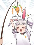  &gt;_&lt; 1girl animal_ears arms_up blush carrot carrot_on_stick ear_down english_commentary english_text flying_sweatdrops food highres medium_hair motto_notto notched_ear open_mouth original oversized_clothes rabbit_ears rabbit_girl simple_background sleeves_past_wrists solo_focus thai_commentary thick_eyebrows white_background 