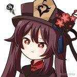  1girl :t brown_eyes brown_hair brown_headwear brown_jacket closed_mouth commentary_request flower flower-shaped_pupils genshin_impact hat hat_flower hu_tao_(genshin_impact) jacket long_hair mitya pout red_flower red_shirt shirt simple_background solo squiggle symbol-shaped_pupils twintails twitter_username upper_body white_background 