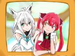  2girls animal_ear_fluff animal_ears asamiamakusa ascot bangs blue_neckerchief blush braid commentary_request detached_sleeves eyebrows_visible_through_hair fox_ears fox_girl gloves green_eyes hair_between_eyes hands_on_another&#039;s_shoulders head_rest heterochromia highres hololive hood hoodie houshou_marine long_hair looking_at_viewer multiple_girls neckerchief red_ascot red_eyes red_hair red_shirt shirakami_fubuki shirt sidelocks single_braid sleeveless sleeveless_shirt smile twintails virtual_youtuber white_gloves white_hair white_hoodie yellow_eyes 