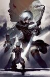  1boy 2girls black_blindfold black_dress black_legwear blindfold covered_eyes dress feather-trimmed_sleeves feather_trim gloves highres long_sleeves mole mole_under_mouth multiple_girls nier_(series) nier_automata no_blindfold pod_(nier_automata) ruins short_hair sword tdsuke weapon white_hair yorha_no._2_type_b yorha_no._9_type_s yorha_type_a_no._2 