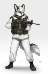  2021 absurd_res anthro black_clothing black_gloves black_handwear boots bottomwear canid canine clothing footwear fox fur gear gloves gun handwear hi_res male mammal pants pgm300 plantigrade ranged_weapon signature simple_background solo uniform weapon white_background white_bottomwear white_clothing white_pants 