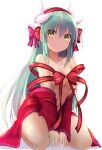  1girl aqua_hair blush bow dragon_girl dragon_horns fate/grand_order fate_(series) highres horns kiyohime_(fate) kneeling long_hair looking_at_viewer multiple_horns red_bow red_ribbon red_robe ribbon sen_(astronomy) smile solo undressing yellow_eyes 
