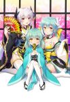  3girls :d bare_shoulders bikini black_kimono blue_hair blue_kimono blush collarbone commentary_request covering_mouth dragon_girl dragon_horns eyebrows_visible_through_hair fate/grand_order fate_(series) folding_fan hand_fan highres holding holding_fan horns japanese_clothes kimono kiyohime_(fate) kiyohime_(swimsuit_lancer)_(fate) looking_at_viewer multiple_girls multiple_horns multiple_persona red_eyes silver_hair sitting smile suzumia_(daydream) swimsuit thighhighs white_legwear yellow_bikini yellow_eyes younger 
