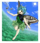  1girl animal antennae aqua_hair bad_anatomy barefoot blush border bug butterfly butterfly_wings day dress eternity_larva fairy green_dress hair_between_eyes highres jewelry leaf leaf_on_head multicolored_clothes multicolored_dress open_mouth orange_eyes parasite_oyatsu ring short_hair short_sleeves smile solo sun touhou white_border wings zun_(style) 