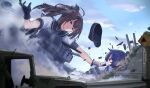  2girls ahoge akatsuki_(kancolle) akizuki_(kancolle) black_gloves black_hair blue_eyes blue_hair bow cap catfight chou-10cm-hou-chan commission giant giantess gloves ground_vehicle hachimaki hair_bow hair_ornament hair_ribbon headband highres jeep kantai_collection long_hair medium_hair motor_vehicle multiple_girls ponytail purple_eyes ribbon school_uniform serafuku sigure-zzzz smile 