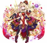  1girl black_legwear blonde_hair breasts cleavage eyebrows_visible_through_hair fruits_fulcute! full_body high_heels hinata_momo holding holding_scepter large_breasts long_hair looking_at_viewer navel official_art red_eyes scepter solo thighhighs 
