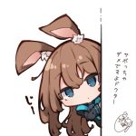  1girl amiya_(arknights) animal_ear_fluff animal_ears arknights bangs beni_shake black_jacket blue_eyes brown_hair chibi closed_mouth commentary_request eyebrows_visible_through_hair hair_between_eyes jacket long_hair looking_at_viewer peeking_out rabbit_ears signature simple_background solo translation_request very_long_hair white_background 