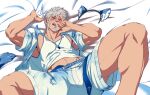  1boy absurdres animal_ears bara beard biting blush bulge cat_ears cat_tail check_copyright copyright_request crotch facial_hair fake_animal_ears feet_out_of_frame finger_biting grey_hair highres kito_(clamp5656) lifeguard looking_at_viewer lying male_focus male_swimwear mature_male midriff_peek muscular muscular_male on_back on_bed open_clothes open_shirt original pectorals presenting short_hair sideburns sidepec solo spread_legs swim_trunks tail tank_top thick_thighs thighs whistle whistle_around_neck white_male_swimwear white_tank_top 