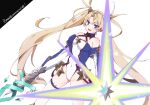  1girl bare_shoulders blonde_hair blue_eyes blush bradamante_(fate) breasts character_name citron80citron covered_navel dutch_angle fate/grand_order fate_(series) groin leotard looking_at_viewer medium_breasts polearm solo thighhighs thighs twintails weapon 