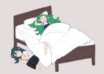  2girls bed bed_sheet byleth_(fire_emblem) byleth_(fire_emblem)_(female) closed_eyes fire_emblem fire_emblem:_three_houses full_body green_hair messy_sleeper multiple_girls pillow pointy_ears sakuremi shirt simple_background sleeping sothis_(fire_emblem) white_shirt yawning 