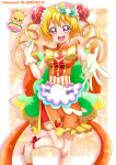  1girl ankle_bow apron back_bow bike_shorts blonde_hair bow breasts chinese_clothes cure_yum-yum dated delicious_party_precure dish double_bun dragon drill_hair gloves hanamichi_ran hanzou heart_brooch high_heels highres huge_bow magical_girl mem-mem_(precure) open_mouth orange_skirt orange_vest precure red_eyes red_shorts shorts skirt small_breasts standing standing_on_one_leg triple_bun twin_drills twitter_username vest white_gloves white_stripes 