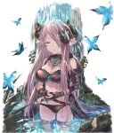  1girl asymmetrical_gloves ayacho bikini black_bikini black_gloves braid breasts closed_eyes demon_horns draph gloves granblue_fantasy hair_over_one_eye highres horns large_breasts light_purple_hair long_hair low_tied_hair narmaya_(granblue_fantasy) own_hands_together partially_submerged pointy_ears purple_hair single_braid solo swimsuit uneven_gloves water waterfall 