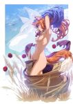  1girl animal_ears apple armpits arms_up breasts brown_hair dual_persona fang food fruit highres holo medium_breasts navel nipples pouch red_eyes smile solo spice_and_wolf stomach tail thighs undressing wheat wolf wolf_ears wolf_girl wolf_tail xong 