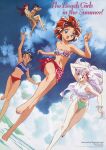  1990s_(style) 2boys 3girls aburatsubo_ayanojou aikawa_akane arm_up artist_name bandeau barefoot bikini black_hair broom broom_riding dark-skinned_female dark_skin day dutch_angle flying hairband highres itou_ikuko jewelry long_hair mahou_tsukai_tai! multicolored_hair multiple_boys multiple_girls nakatomi_nanaka navel necklace non-web_source official_art open_mouth outdoors red_hair retro_artstyle running sarong sawanoguchi_sae shigeyuki_suga shirt short_hair sleeveless sleeveless_shirt swimsuit takakura_takeo tied_shirt two-tone_hair water white_hair 