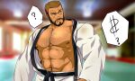  1boy ? abs bara bare_pectorals beard brown_hair chest_hair dark-skinned_male dark_skin dougi facial_hair hairy highres implied_prostitution kito_(clamp5656) large_pectorals male_focus male_prostitution mature_male muscular muscular_male navel navel_hair nipples open_clothes open_shirt original pectorals raised_eyebrow short_hair sideburns solo spoken_question_mark stomach sweat upper_body 