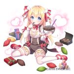  +_+ 1girl :p bangs bare_shoulders black_shorts blonde_hair blue_eyes blush bow bowl box character_request chocolate chocolate_on_hand closed_mouth commentary_request detached_sleeves eyebrows_visible_through_hair food_on_hand gemini_seed gift gift_box hair_between_eyes heart highres holding holding_bowl long_hair long_sleeves mixing_bowl plate puffy_long_sleeves puffy_shorts puffy_sleeves red_bow shirt short_shorts shorts sitting smile solo thighhighs tongue tongue_out two_side_up usashiro_mani very_long_hair wariza whisk white_background white_legwear white_shirt white_sleeves 