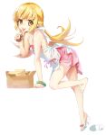  1girl :p bakemonogatari bangs bare_arms bare_shoulders barefoot blonde_hair box brown_eyes camisole closed_mouth commentary_request doughnut eyebrows_visible_through_hair food full_body hand_up high_heels highres holding holding_food long_hair looking_at_viewer monogatari_(series) oshino_shinobu pink_skirt sandals simple_background skirt smile solo tongue tongue_out very_long_hair white_background white_camisole white_footwear youta 