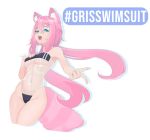  1girl alicia_cotton black_swimsuit blue_eyes breasts casual_one-piece_swimsuit cat_girl covered_navel cowboy_shot double_vertical_stripe gris_swimsuit hair_ornament hairclip highleg highleg_swimsuit highres indie_virtual_youtuber meme meme_attire one-piece_swimsuit pink_hair see-through see-through_swimsuit strapless strapless_swimsuit susu_awoo swimsuit underboob virtual_youtuber 