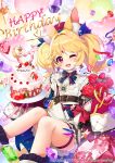  1girl ;d aldin_nicola amethyst_(gemstone) animal_ear_fluff animal_ears apple_caramel bangs black_skirt blonde_hair book bouquet cake character_name commentary_request emerald_(gemstone) eyebrows_visible_through_hair feet_out_of_frame flower food forehead_jewel frilled_skirt frills gem happy_birthday hat heart highres holding holding_plate jacket knees_together_feet_apart long_sleeves looking_at_viewer off_shoulder official_art one_eye_closed open_clothes open_jacket plate red_eyes red_flower red_headwear red_jacket red_rose rose ruby_(gemstone) sapphire_(gemstone) seventh_happiness shirt short_eyebrows skirt sleeves_past_fingers sleeves_past_wrists smile solo thick_eyebrows topaz_(gemstone) twintails virtual_youtuber white_footwear white_shirt 