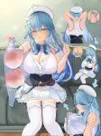  &gt;_&lt; 1girl absurdres ahoge arrow_(symbol) bangs bare_shoulders belt beret black_corset blue_bow blue_bowtie blue_bra blue_hair blue_skirt bow bowtie bra bra_removed braid breasts brown_belt center_frills cleavage colored_tips corset elf eyebrows_visible_through_hair flower frilled_legwear frilled_shirt frilled_skirt frills from_above from_behind from_side hair_between_eyes hair_flower hair_ornament hand_up hat heart_ahoge highres holding holding_bra holding_clothes holding_underwear hololive huge_breasts leather_belt long_hair looking_at_viewer miniskirt multicolored_hair multiple_views open_mouth partially_unbuttoned pointy_ears removing_bra_under_shirt shirt sitting skirt sleeveless sleeveless_shirt smile snowflake_hair_ornament snowflake_print stained_clothes streaked_hair sumida_bunchou sweat thighhighs underbust underwear undressing very_long_hair virtual_youtuber white_headwear white_legwear white_shirt yellow_eyes yukihana_lamy 