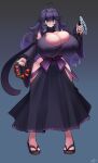  @_@ absurdres adapted_costume black_dress breasts cleavage dress gipehtyboo gohei hairband hex_maniac_(pokemon) highres huge_breasts japanese_clothes long_dress messy_hair miko poke_ball poke_ball_(legends) pokemon pokemon_(game) pokemon_legends:_arceus purple_hairband 