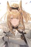  1girl absurdres animal_ears arknights armor bingansuan_jiamouren black_bow blemishine_(arknights) blonde_hair bow character_name extra_ears eyebrows_visible_through_hair fur-trimmed_armor gauntlets hair_bow hand_up highres horse_ears kingdom_of_kazimierz_logo long_hair looking_at_viewer orange_eyes pauldrons ponytail shoulder_armor sidelocks solo straight-on upper_body v-shaped_eyebrows 