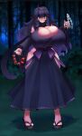  @_@ absurdres adapted_costume black_dress breasts cleavage dress gipehtyboo gohei hairband hex_maniac_(pokemon) highres huge_breasts japanese_clothes long_dress messy_hair miko poke_ball poke_ball_(legends) pokemon pokemon_(game) pokemon_legends:_arceus purple_hairband 