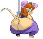  anthro big_butt blue_eyes bottomwear bottomwear_down brown_hair butt chip_&#039;n_dale_rescue_rangers clothed clothing crouching disney female gadget_hackwrench hair hi_res huge_butt looking_at_viewer looking_back mammal mouse murid murine nondelismell pants pants_down partially_clothed pink_nose rodent screwdriver shirt solo tan_body tank_top thick_thighs tools topwear wide_hips 