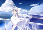  1girl albino animal_ear_fluff animal_ears castle clock clock_tower cloud dress fox_ears fox_girl grey_hair hat long_hair original red_eyes scenery shiro_youduki silver_hair sky sundress tail tower white_dress white_hair wind 